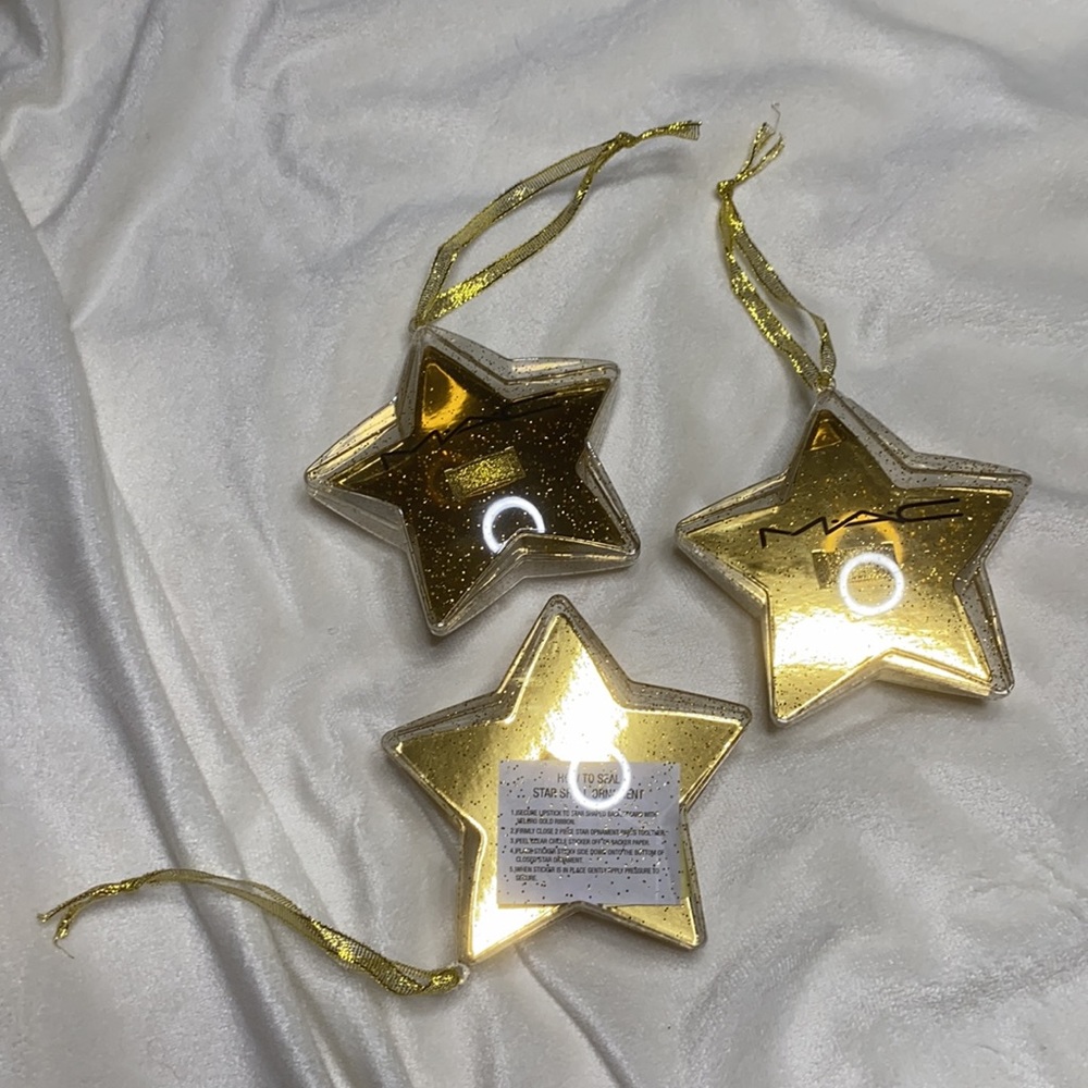 Set of 3 Mac Star Ornaments Holds Mini Lipsticks - gold & translucent